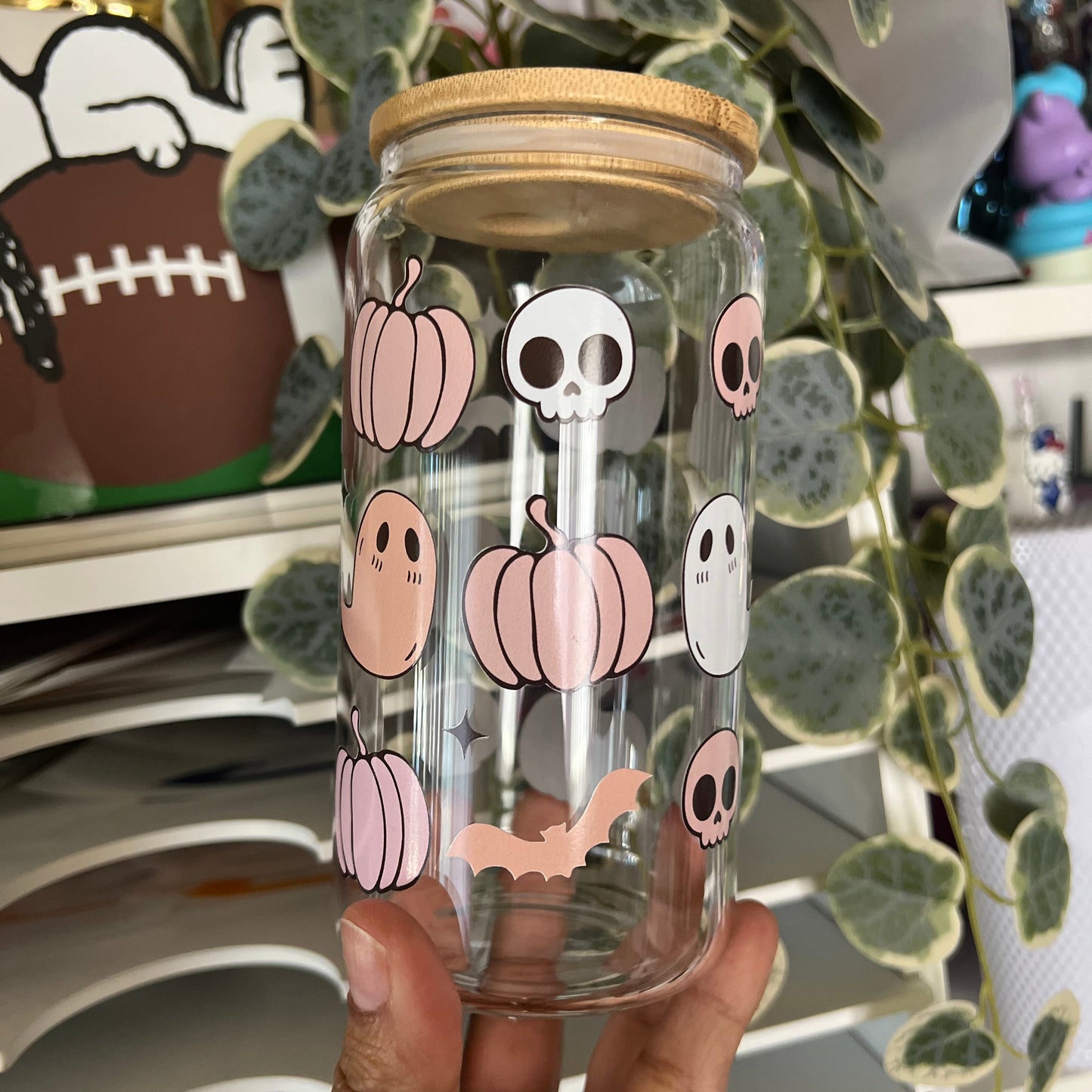 Pink Skelly & Pumpkins 16oz Clear Glass Cup